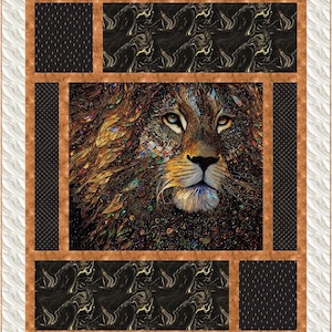 May include: A decorative quilt featuring a detailed lion's face with a colorful mosaic-like mane and piercing eyes. The design is framed by a brown border and black patterned panels, set against a white background.