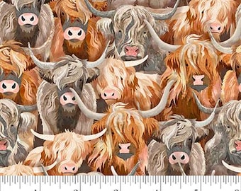 May include: Fabric with a repeating pattern of Highland cows in shades of brown, tan, and gray. The cows have long horns and shaggy fur. The image includes a ruler with inches and the text "STUDIO" and "www.studiocfabrics.net".