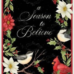 May include: A black background with a white and red poinsettia floral border. The text "a season to believe" is in the center of the image. Two small birds are perched on branches in the lower portion of the image.