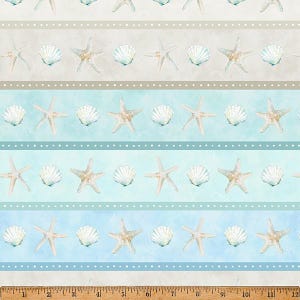 May include: A repeating pattern of seashells and starfish in a watercolor style. The design features alternating bands of light blue, tan, and white, with dotted lines separating the bands. The seashells and starfish are in shades of white, tan, and light blue.