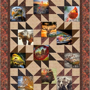 May include: A quilt with a brown and beige background featuring a variety of nature-themed images, including a bear, a deer, a fish, a bird, and a sunset.