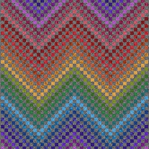 May include: A rainbow checkered pattern with a gray background. The pattern is made up of small squares, and the colors of the rainbow are arranged in a gradient from purple to red.