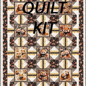 May include: A quilt kit featuring a repeating pattern of red panda illustrations set within square blocks. The design includes black, white, and yellow geometric borders and accents. The text QUILT KIT is overlaid in large black capital letters.