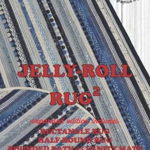 May include: A blue and white striped rug with the text "JELLY-ROLL RUG 2" in red. The text "Expanded editions include: Rectangle Rug, Half Round Rug, Rounded Bath or Vanity Mats" is also included in the image.