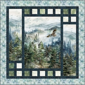 May include: A square quilt featuring a watercolor painting of a forest scene with an eagle in flight. The quilt has a dark blue border with square accents and a patterned edge in shades of blue and green. The forest scene includes evergreen trees, mountains, and birds.