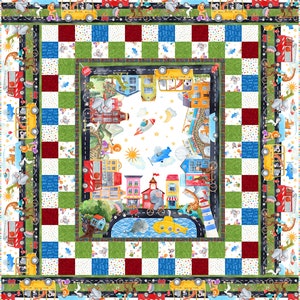 May include: A colorful quilt featuring a whimsical town scene with animals, vehicles, and buildings. The quilt has a checkered border in red, white, and blue.