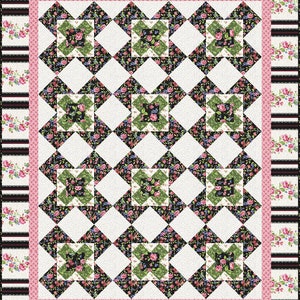 May include: A quilt with a black and white diamond pattern and a floral print. The quilt is framed with a pink and white border.