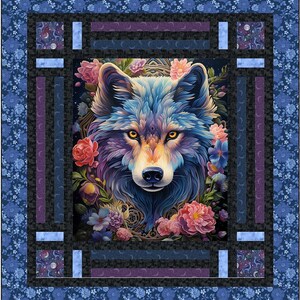 May include: A decorative quilt featuring a detailed illustration of a wolf with blue, purple, and yellow fur, surrounded by pink and blue flowers. The quilt has a dark blue floral border and a geometric frame design.