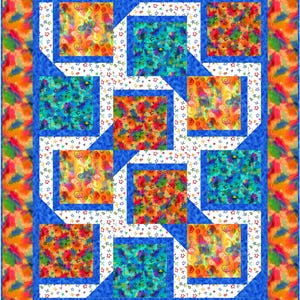 May include: A colorful quilt block with a geometric design. The block is made up of nine squares, each with a different pattern. The squares are arranged in a grid pattern, with the center square being the largest. The quilt block is surrounded by a blue border.