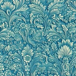 May include: A seamless pattern featuring a repeating design of white stylized floral motifs on a teal blue background.