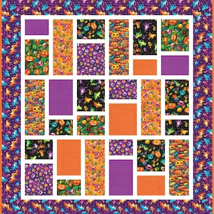 May include: A quilt block pattern with a Halloween theme. The block is made up of various squares and rectangles in orange, purple, and black. The squares and rectangles feature different Halloween-themed patterns, including pumpkins, ghosts, and skulls.