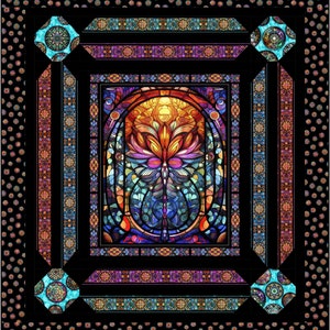May include: A colorful stained glass window with a dragonfly design. The window is framed by a black border with intricate patterns in shades of blue, purple, and gold.