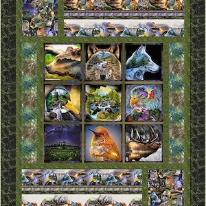 May include: A patchwork quilt featuring nine square images of wildlife, including a bear, wolf, and hummingbird. The images are set against a green and black patterned border. The quilt showcases a nature theme.