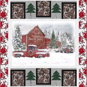 May include: A red truck with a white cab and a wooden bed is parked in front of a red building with a white sign that reads "Tree Farm Seasons Greetings". The truck is surrounded by snow and trees.