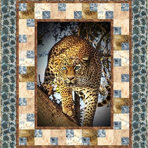 May include: A close-up of a leopard with brown and black spots walking on a tree branch. The leopard has green eyes and is looking directly at the camera. The background is a blurred image of green leaves.