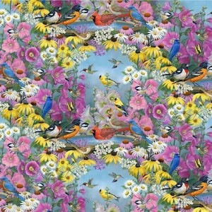 May include: A colorful floral pattern with a variety of birds perched on branches and a bird bath. The birds are red, blue, yellow, and green. The flowers are pink, purple, yellow, and white.