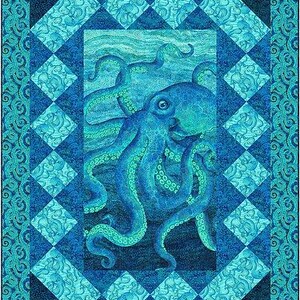 May include: A blue and green quilt with a large octopus in the center. The octopus has many tentacles and is surrounded by a swirling pattern. The quilt is made up of squares with a diamond pattern.
