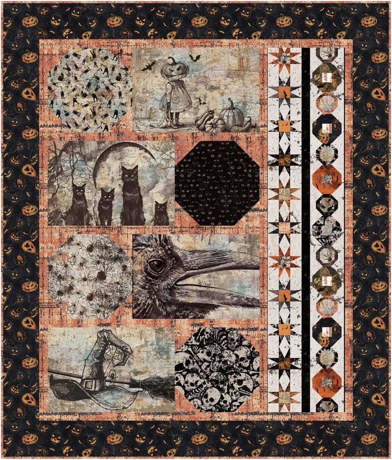 K&ouml;nnte beinhalten: Ein Halloween-Quilt mit verschiedenen Panels mit gruseligen Illustrationen. Der Quilt zeigt Bilder von schwarzen Katzen, einer Vogelscheuche mit K&uuml;rbiskopf, einem Kr&auml;henauge, Spinnen, Totenk&ouml;pfen und einem Hexenhut. Der Rand ist mit K&uuml;rbislaternen verziert.