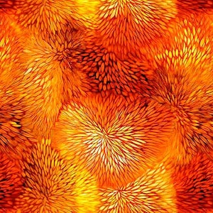 May include: A repeating textile pattern featuring stylized, radiating floral shapes in vibrant shades of orange, yellow, and deep red. The design consists of dense, elongated petal-like strokes that create a textured, sunburst-like effect across the surface.