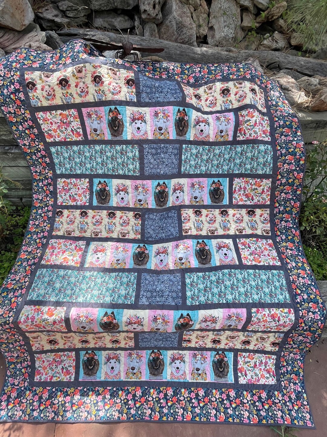 Bridges Floral Dogs Quilt - 59" X 78" - Etsy