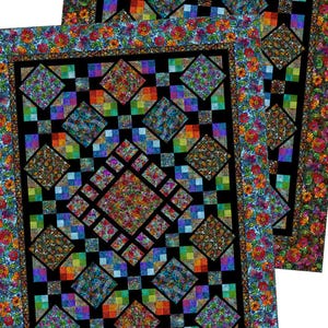 May include: A rectangular quilt featuring a black background with a geometric pattern of multi-colored squares and diamonds. The design includes a vibrant floral border with red, orange, and blue flowers, creating a stained-glass visual effect.