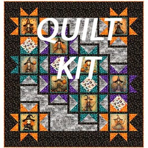 May include: A patchwork quilt kit with a Halloween theme. The quilt features a repeating pattern of witches, pumpkins, and stars in orange, teal, purple, and gray. The words "QUILT KIT" are printed across the center in white.