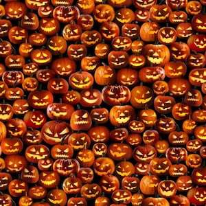 May include: A seamless pattern of orange jack-o'-lantern faces with glowing eyes. The jack-o'-lanterns are arranged in a random pattern against a black background.