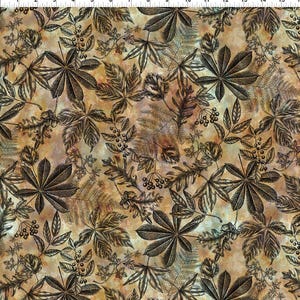 May include: A fabric featuring a repeating pattern of dark brown botanical illustrations including chestnut leaves, oak leaves, ferns, and berry clusters set against a mottled, textured background of tan, gold, and light brown hues.
