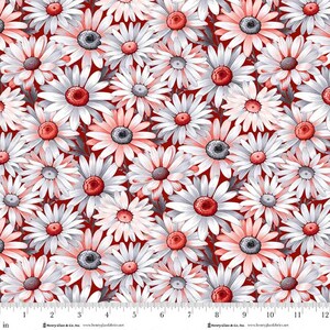 May include: Fabric with a floral pattern of white daisies with red and gray centers and accents, set against a deep red background. The fabric is measured in inches.