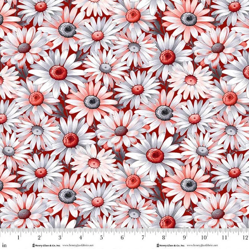 May include: Fabric with a floral pattern of white daisies with red and gray centers and accents, set against a deep red background. The fabric is measured in inches.
