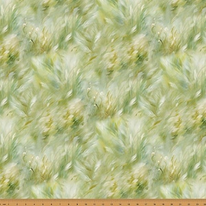 May include: A fabric with a repeating pattern of blurred green and yellow brushstrokes, resembling tall grass or foliage. The design has a soft, watercolor-like quality, with subtle variations in color and texture. The overall effect is natural and airy.