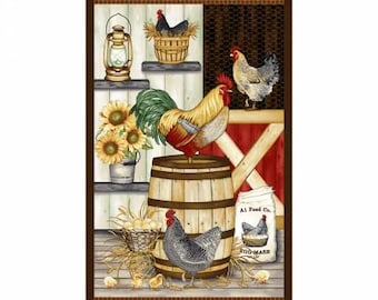 May include: A vintage-style illustration of a rooster, hens, and a wooden barrel in a rustic barn setting. The scene includes sunflowers, a lantern, and a bag of chicken feed labeled "A.J. Feed Co.  Egg Mash".