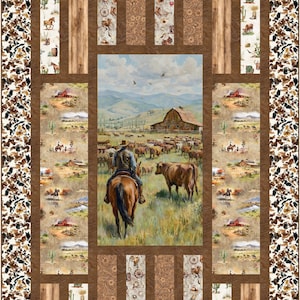 May include: A rectangular quilt featuring a central panel of a cowboy on horseback herding cattle toward a barn. The border consists of brown fabric, panels with western motifs, and an outer edge of brown and white cowhide print fabric.