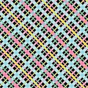 May include: A seamless pattern with a black background and a plaid design in shades of pink, yellow, blue, and green.