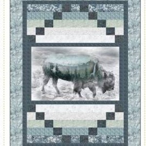 May include: A quilt featuring a digitally printed panel of a bison with a mountain scene superimposed over its body. The panel is surrounded by a border of blue, green, and white squares.