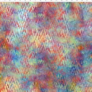 May include: A colorful fabric with a repeating pattern of raindrops in shades of red, blue, green, yellow, and purple. The background is a mottled beige.