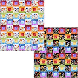 May include: Two colorful floral quilts. One quilt features a white background with squares of flowers in various colors. The other quilt has a black background with colorful flowers. Each quilt has a patchwork design.