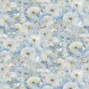 May include: A seamless pattern featuring a watercolor design of white dandelion seed heads and delicate flowers against a soft blue background. The design has a dreamy, ethereal quality, perfect for fabric or wallpaper.