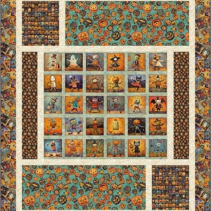 May include: A patchwork quilt with a Halloween theme. The quilt features a variety of spooky characters and jack-o'-lanterns. The quilt is made up of different fabrics and colors, including black, orange, and green.