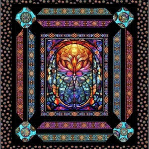 May include: A colorful stained glass window with a dragonfly design. The window is framed with intricate borders in shades of blue, purple, and gold.