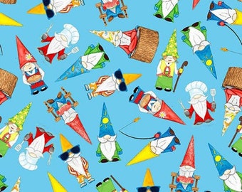 Blue Tossed Gnomes from  Hangin' With My Gnomes Collection by Blank Quilting-Sold in 1/2 yard increments-42/43" width