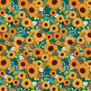 Teal Harvest Sunshine - Sunflowers from the Gather Together Collection by Benartex - Priced by the 1/2 yard - Fabric NOT cut until sold