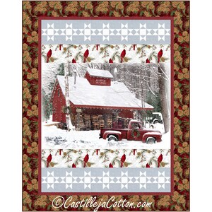 May include: A red truck with a wreath on the front is parked in front of a red building with a white roof. The building has a sign that says "Maple &  Nuchals". The scene is covered in snow and there are pine trees in the background.