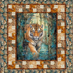 May include: A tiger walks through a lush green jungle setting. The tiger is orange and black with white stripes. The background is a patchwork of brown and white squares.