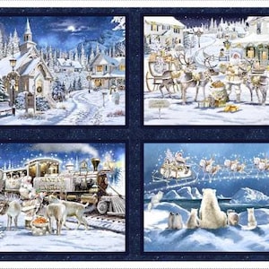 May include: A collage of four winter scenes. The top left image shows a snowy village with a church in the center. The top right image shows a snowy village with reindeer pulling a sleigh. The bottom left image shows a train traveling through a snowy forest. The bottom right image shows polar bears and arctic foxes in a snowy landscape.
