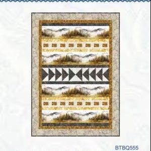 May include: A quilt pattern titled "Early Geese" featuring a landscape design with mountains, trees, and geometric shapes. The color palette includes shades of brown, gray, and white. The pattern is framed with a decorative border and includes the "Bound to be Quilting" logo.
