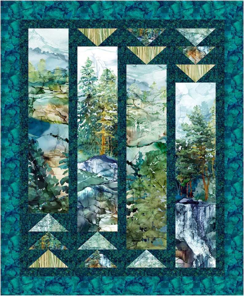 May include: A watercolor painting of a forest scene with a waterfall. The painting is framed with a teal border and features a variety of green and blue hues.