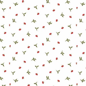 May include: A seamless pattern featuring small red flowers with green leaves on a white background.