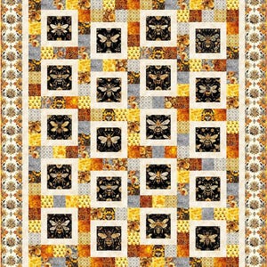 May include: A quilt with a repeating pattern of bees on a white background. The bees are surrounded by a yellow, orange, and brown floral pattern. The quilt is bordered by a white and gold floral pattern.