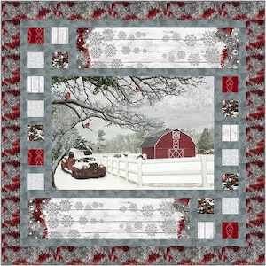 May include: A red barn with white trim and a white picket fence in a snowy winter scene. A red truck is parked in the foreground with a snowy tree in the background. The barn has the text "The Red Barn" on the side.